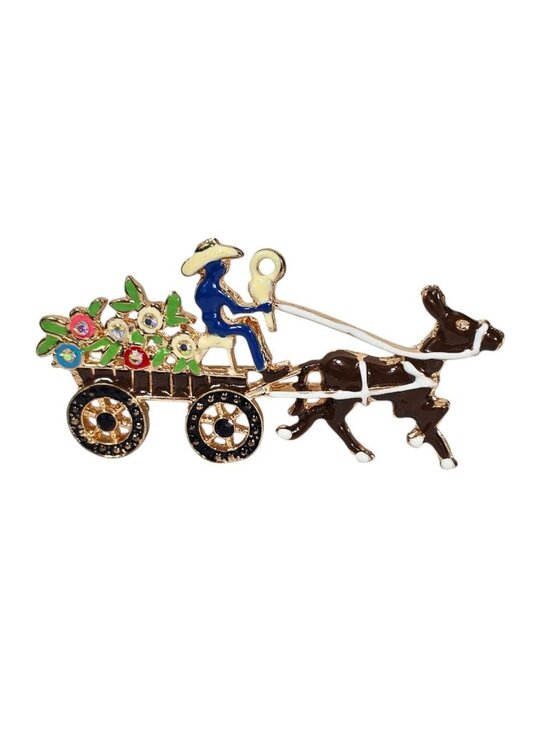 Unbranded Jewelry - Enamel Donkey Cart Brooch Pin Cowboy with Flowers, Colorful VTG